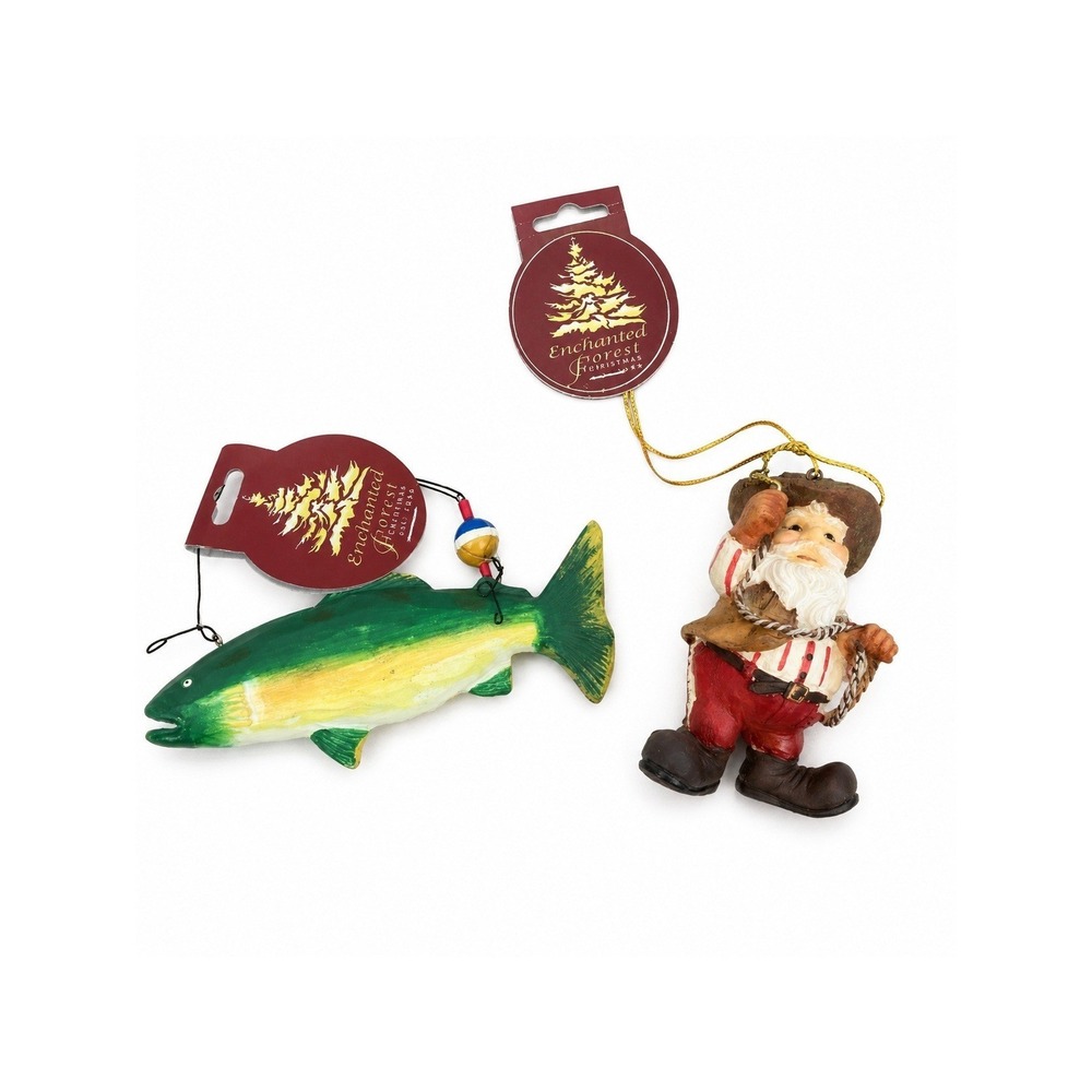 Lot of 2 Enchanted Forest Ornaments Roping Santa and Fish NWT